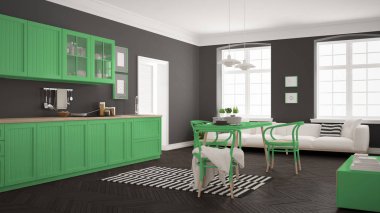 Minimalist modern mutfak yemek masası ve oturma odası, WHI