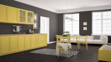 Minimalist modern mutfak yemek masası ve oturma odası, WHI