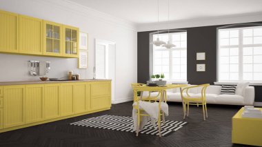 Minimalist modern mutfak yemek masası ve oturma odası, WHI