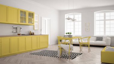 Minimalist modern mutfak yemek masası ve oturma odası, WHI