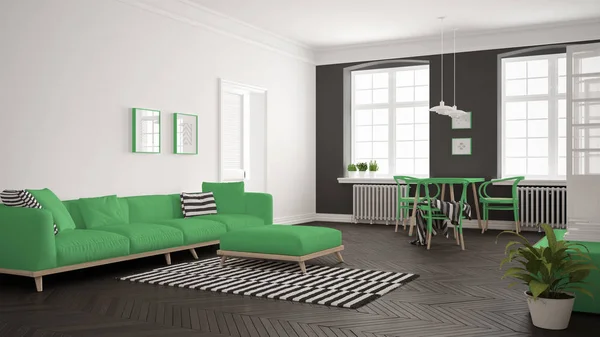 Helles, minimalistisches Wohnzimmer mit Sofa und Esstisch, — Stockfoto