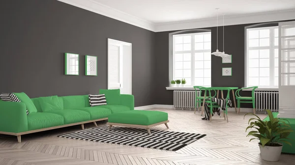 Heldere minimalistische woonkamer met zitbank en eettafel, scandi — Stockfoto