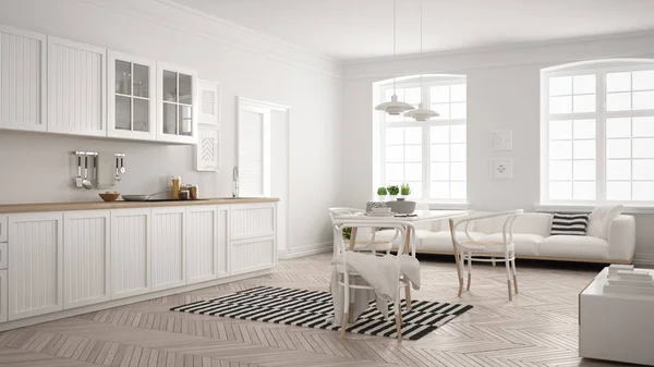 Minimalista cocina moderna con mesa de comedor y sala de estar, whi — Foto de Stock