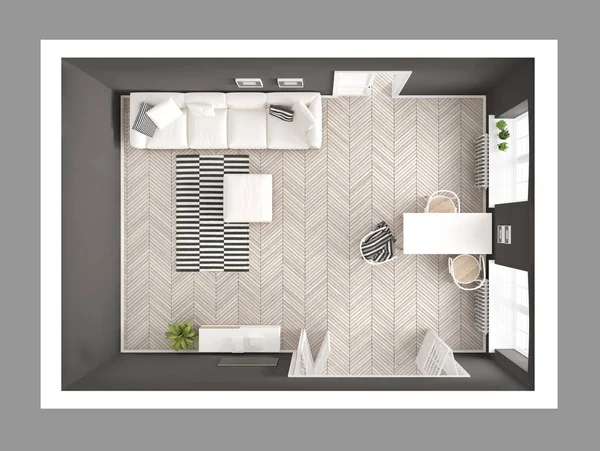 Heldere minimalistische woonkamer met zitbank en eettafel, scandi — Stockfoto