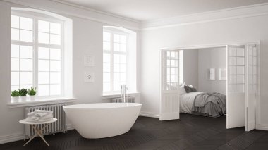 Yatak odasında minimalist İskandinav beyaz ve gri banyo 
