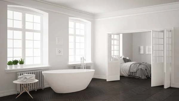 Minimalista escandinavo baño blanco y gris con dormitorio en —  Fotos de Stock