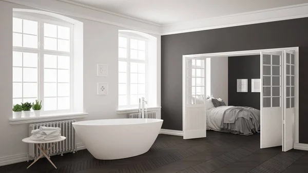 Minimalista escandinavo baño blanco y gris con dormitorio en —  Fotos de Stock