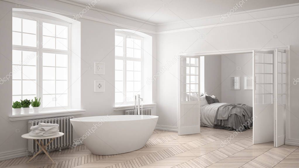 Minimalist scandinavian white bathroom with bedroom in the backg