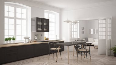Minimalist İskandinav beyaz mutfak ile oturma odası ba