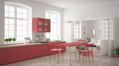 Minimalist İskandinav beyaz mutfak ile oturma odası ba