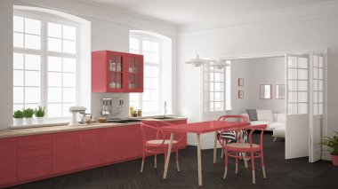 Minimalist İskandinav beyaz mutfak ile oturma odası ba