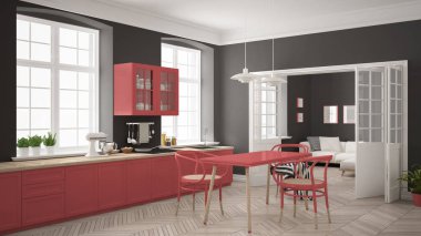 Minimalist İskandinav beyaz mutfak ile oturma odası ba