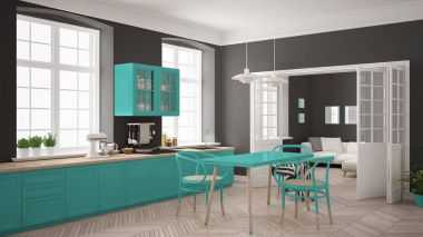 Minimalist İskandinav beyaz mutfak ile oturma odası ba