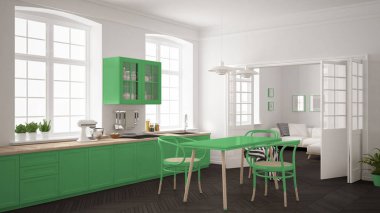 Minimalist İskandinav beyaz mutfak ile oturma odası ba