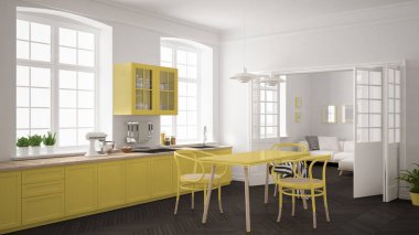 Minimalist İskandinav beyaz mutfak ile oturma odası ba