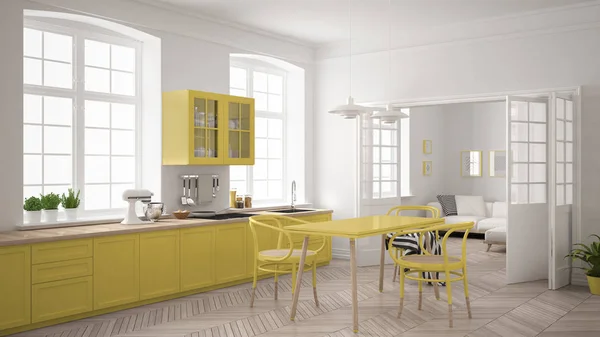 Minimalist İskandinav beyaz mutfak ile oturma odası ba — Stok fotoğraf