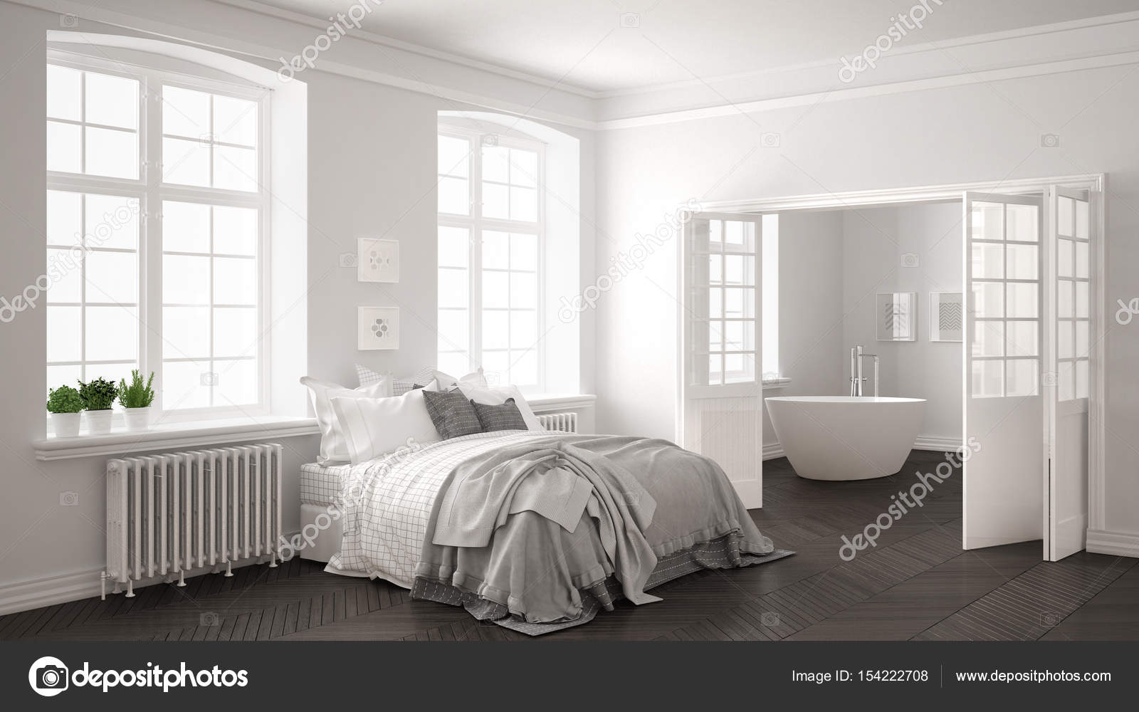 Minimalistische Scandinavische wit slaapkamer met badkamer in de ... Minimalistische Scandinavische wit slaapkamer met badkamer in de ...