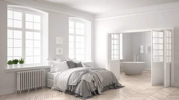 Backg banyoda ile minimalist İskandinav beyaz yatak odası