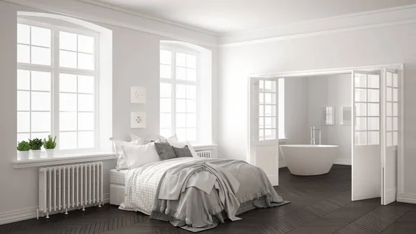 Camera da letto bianca scandinava minimalista con bagno nello schienale — Foto Stock