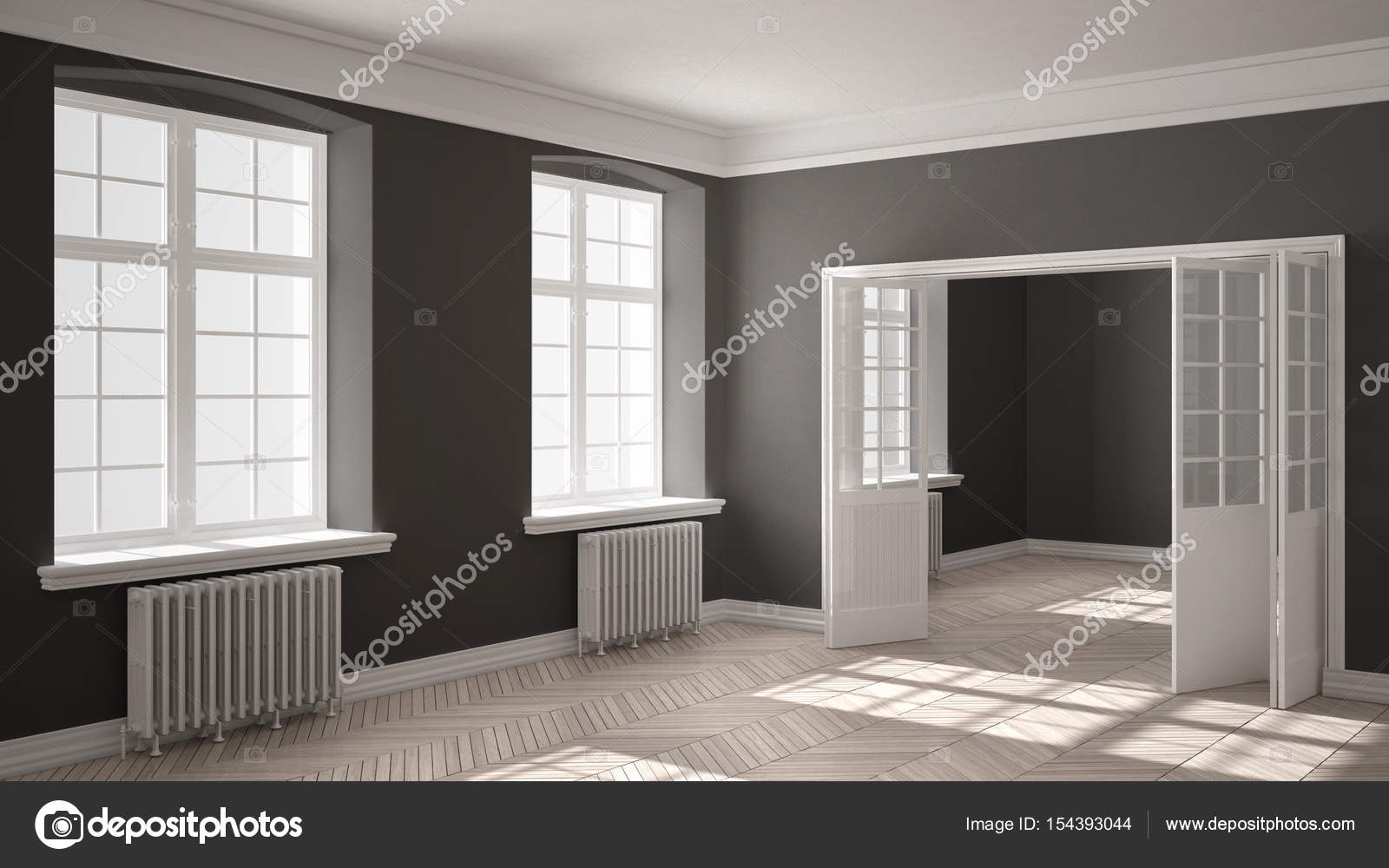 Empty Room With Parquet Floor Big Windows Doors And Radiators