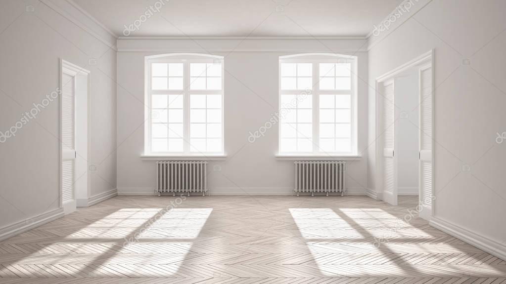 Empty room with parquet floor, big windows, doors and radiators,