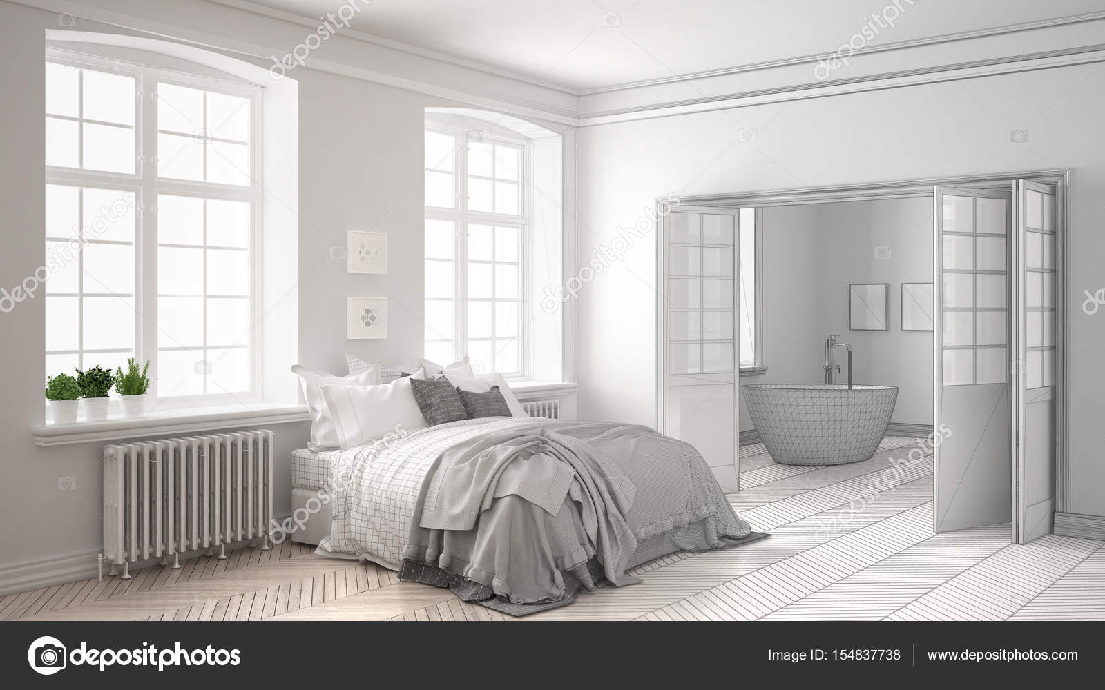 Progetto incompiuto di minimalista bianco camera da letto con bagno ... Progetto camera da letto