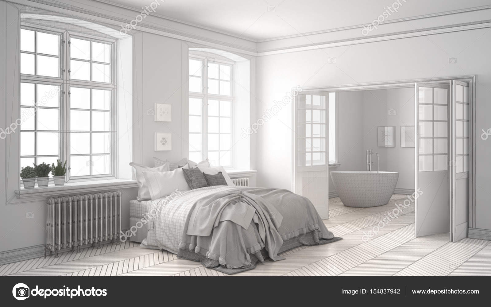 Progetto incompiuto di minimalista bianco camera da letto con bagno ... Progetto incompiuto di minimalista bianco camera da letto con bagno ...