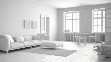 Toplam beyaz İskandinav oturma odası, minimalist iç tasarım