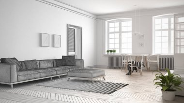 Tamamlanmamış proje minimalist oturma odası, kroki soyut
