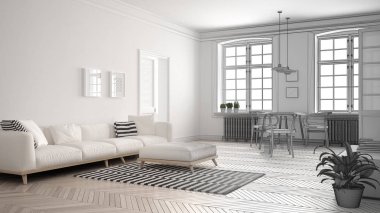 Tamamlanmamış proje minimalist oturma odası, kroki soyut