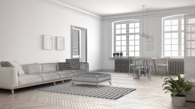 Tamamlanmamış proje minimalist oturma odası, kroki soyut