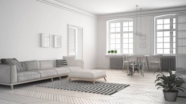 Tamamlanmamış proje minimalist oturma odası, kroki soyut