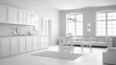 Toplam beyaz İskandinav mutfak, minimalist iç tasarım