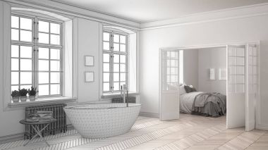 Tamamlanmamış proje minimalist beyaz banyo yatak odasında ile 