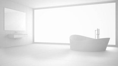 Toplam beyaz modern banyo büyük pencereli, minimalist iç