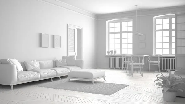 Sala de estar escandinava blanca total, diseño interior minimalista — Foto de Stock