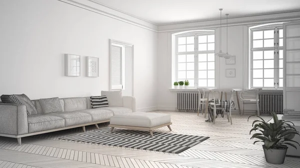 Tamamlanmamış proje minimalist oturma odası, kroki soyut