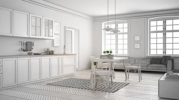 Progetto incompiuto di minimalista cucina bianca, schizzo astratto — Foto Stock