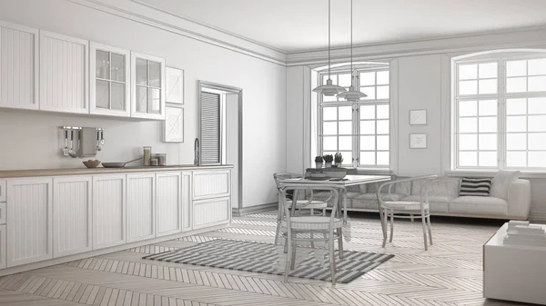 Projeto inacabado de cozinha branca minimalista, esboço resumo — Fotografia de Stock