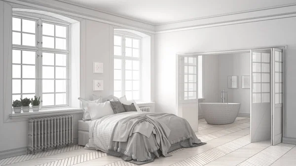 Proyecto inacabado de dormitorio blanco minimalista con baño en —  Fotos de Stock