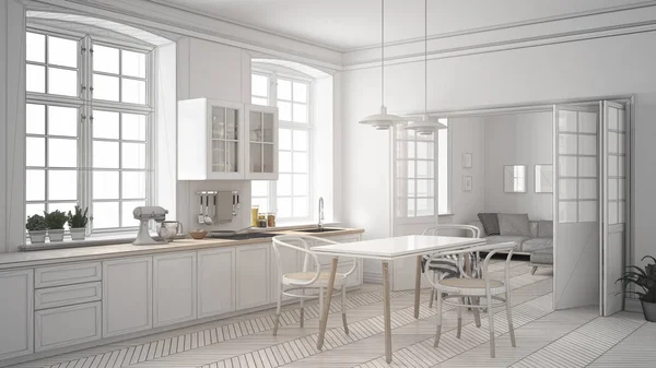 Progetto incompiuto di minimalista cucina bianca, schizzo astratto — Foto Stock