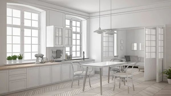 Proyecto inacabado de cocina blanca minimalista, boceto abstracto — Foto de Stock