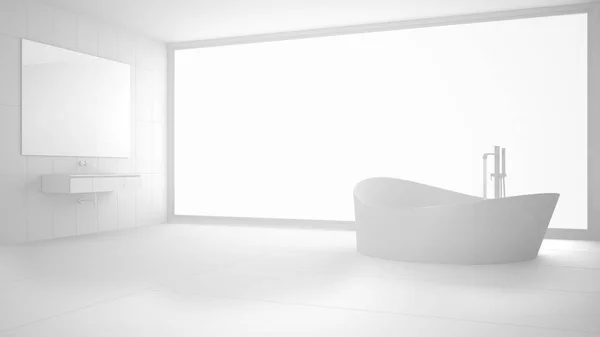 Total salle de bain moderne blanche avec grande fenêtre, intérieur minimaliste — Photo