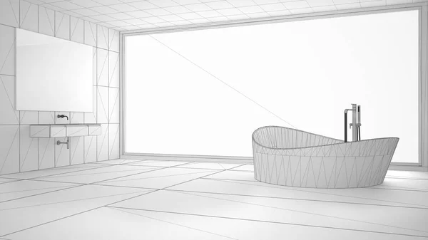 未完成的项目的极简主义浴室配有大全景赢 — 图库照片