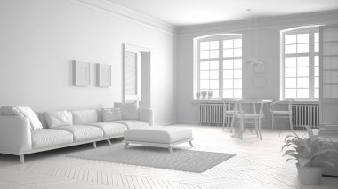 Toplam beyaz İskandinav oturma odası, minimalist iç tasarım