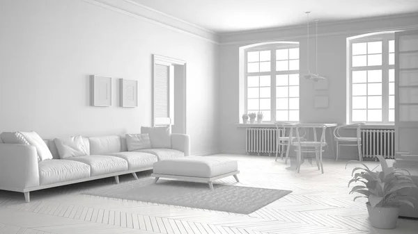 Total white scandinavian living room, minimalist interior design — Stock Photo, Image