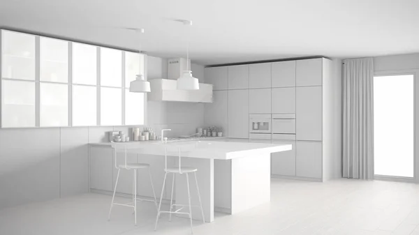 Celkový bílá moderní kuchyň, minimalistický design interiéru — Stock fotografie