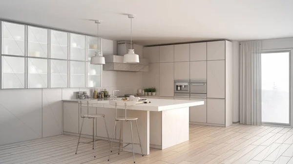 Unfinished project of modern kitchen with big window, sketch abs — Stock Photo, Image