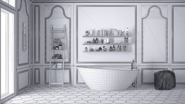 Beyaz İskandinav banyo, kroki abstra, tamamlanmamış proje