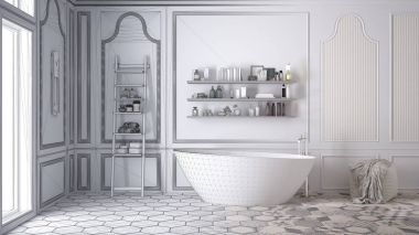 Beyaz İskandinav banyo, kroki abstra, tamamlanmamış proje